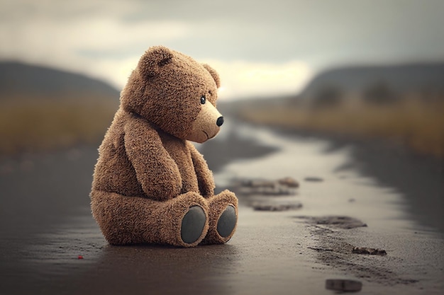 Foto ein teddybär sitzt auf einer nassen straße mit den worten ich liebe dich an der unterseite.