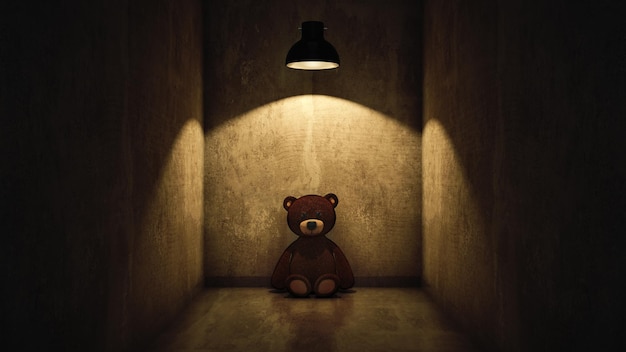 Ein Teddybär sitzt in einem dunklen Raum mit Licht an der Decke.