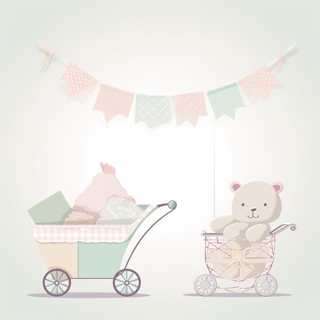 Ein Teddybär sitzt in einem Kinderwagen mit Kinderwagen und daneben steht ein Teddybär.