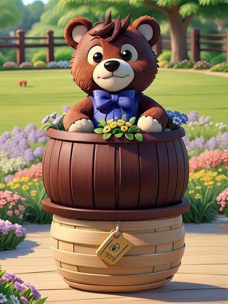 Foto ein teddybär sitzt in einem korb mit blumen