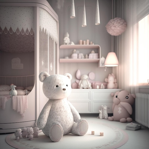 Ein Teddybär sitzt in einem Raum mit einer rosa Wand und einem Regal, an dem Spielzeug hängt.