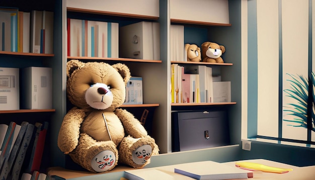 Ein Teddybär sitzt in einer Bibliothek mit einem Regal voller Bücher.