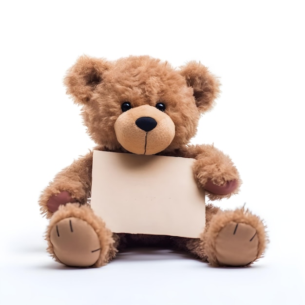 Ein Teddybär sitzt mit einem leeren Schild in seinen Händen.