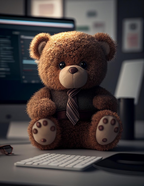 Ein Teddybär sitzt neben einem Computermonitor.