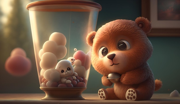 Ein Teddybär sitzt neben einem Glas mit der Aufschrift „Care Bears“.