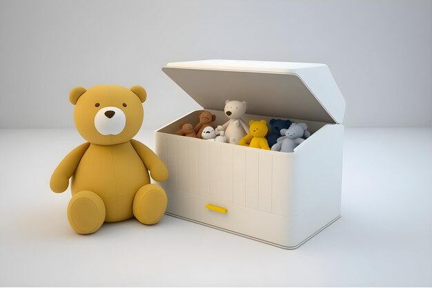 Foto ein teddybär sitzt neben einer schachtel mit teddybären.