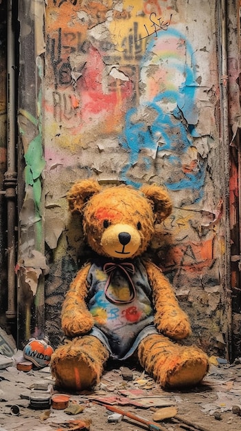 Ein Teddybär sitzt vor einer Wand, an der sich ein Farbsplitter befindet.