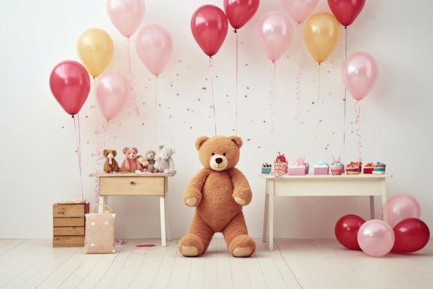Ein Teddybär steht vor einem Tisch mit Ballons und Geburtstagsdekorationen