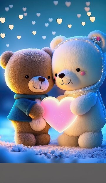 ein Teddybär und ein Herz stehen im Schnee
