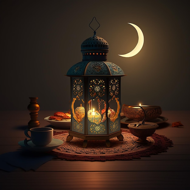 Ein Teelicht mit einer Kerze darin und einem Halbmond im Hintergrund.