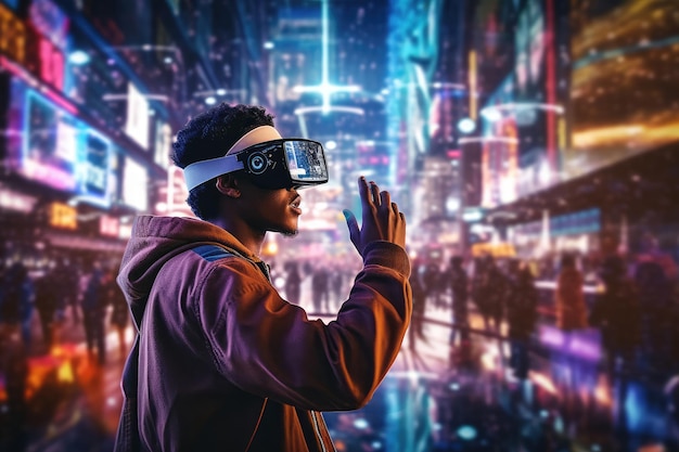 Ein Teenager erkundet die Stadt des Metaversums in einer Virtual-Reality-Brille, extreme Nahaufnahme, generative KI