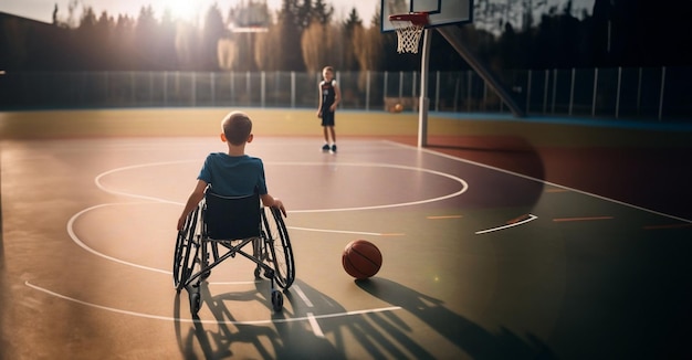ein Teenager im Rollstuhl spielt Basketball auf dem Platz