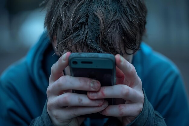 Ein Teenager überprüft sein Handy im Regen