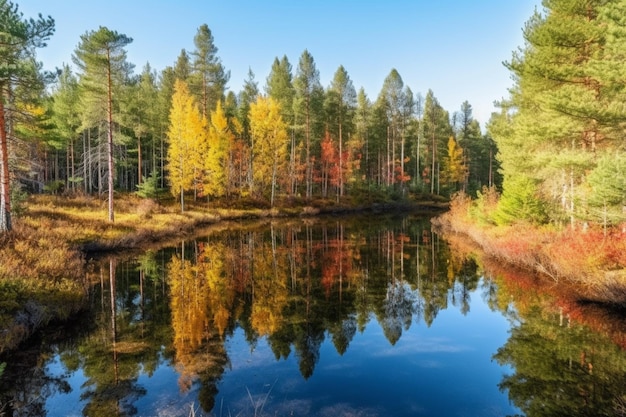 Ein Teich im Wald mit Bäumen und dem Himmel im Hintergrund