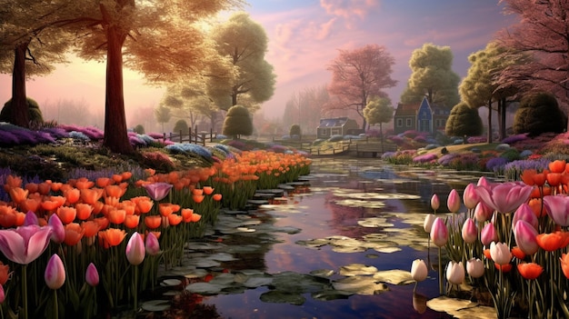 Ein Teich mit Blumen und ein Haus im Hintergrund