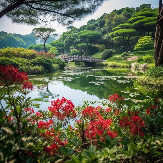 Foto ein teich mit einer brücke und blumen im vordergrund