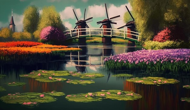 Ein Teich mit einer Windmühle und Blumen.