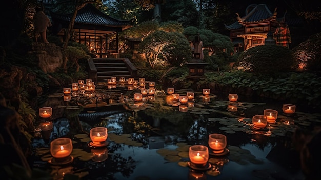 Ein Teich mit Laternen vor einem japanischen Garten bei Nacht.