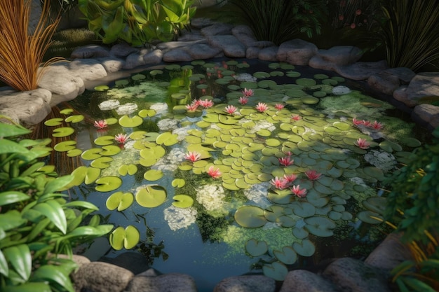 Ein Teich mit Seerosen in der Mitte