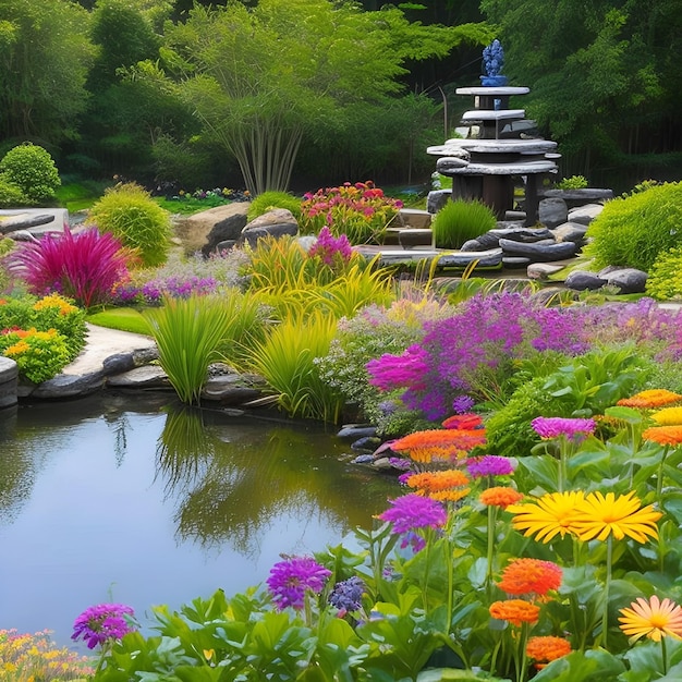 Ein Teich mit Springbrunnen und Blumen im Hintergrund.