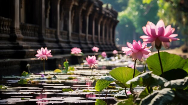 Ein Teich voller rosafarbener Wasserlilien