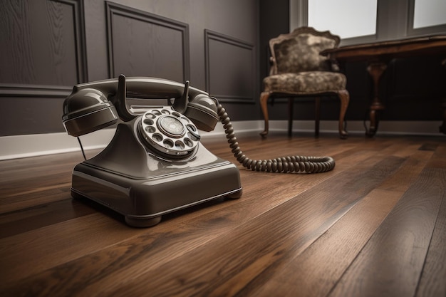 Ein Telefon im alten Stil, das auf einem Holzboden steht, generative KI