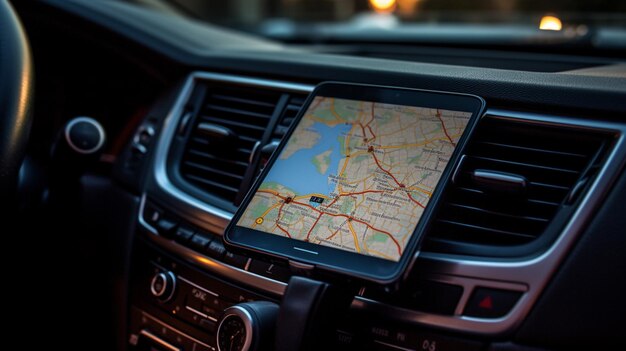 Foto ein telefon in einem auto mit einer karte auf dem bildschirm