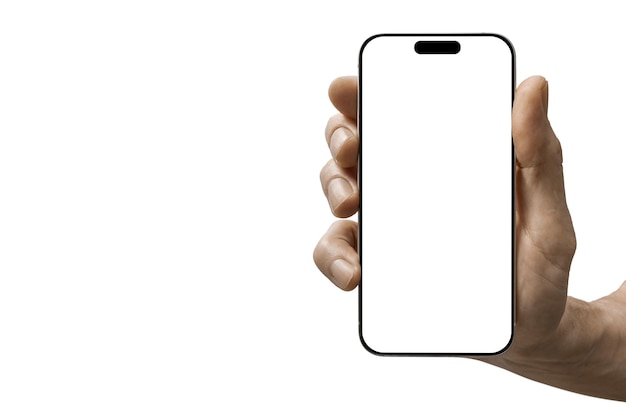 ein Telefon in einer Hand auf einem weißen Hintergrund