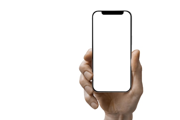 ein Telefon in einer Hand auf einem weißen Hintergrund
