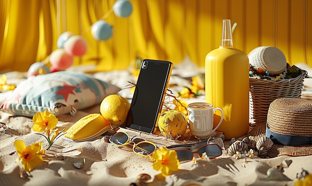 ein Telefon ist am Strand und die gelbe Flasche ist auf dem Sand