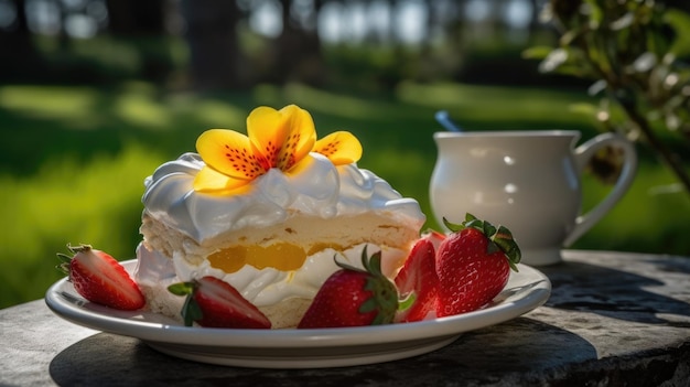 Ein Teller Baiser mit Erdbeeren darauf