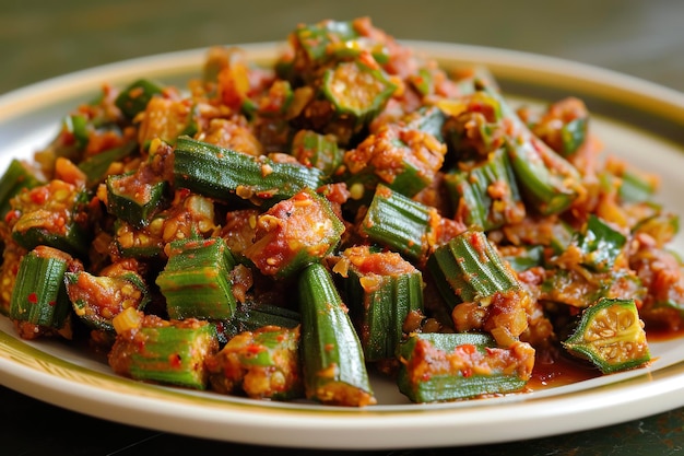 Ein Teller Bhindi Masala, ein vegetarisches Gericht, das mit Okra in einer würzigen Tomatensauce zubereitet wird