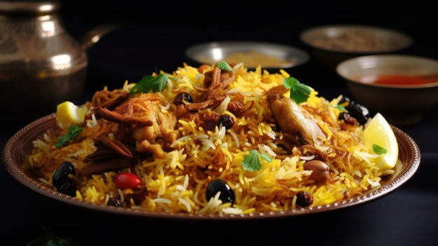 Ein Teller Biryani mit einem Hähnchengericht darauf