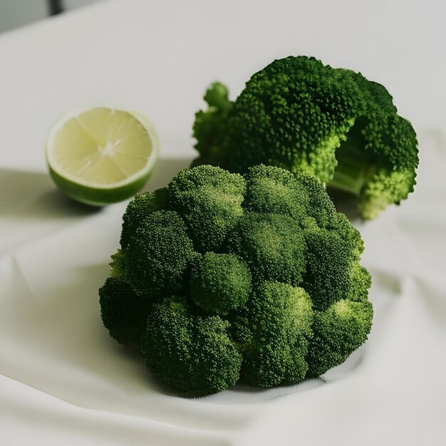 Ein Teller Brokkoli mit einer Limette drauf