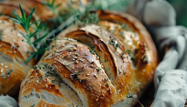 Foto ein teller brot mit kräutern oben