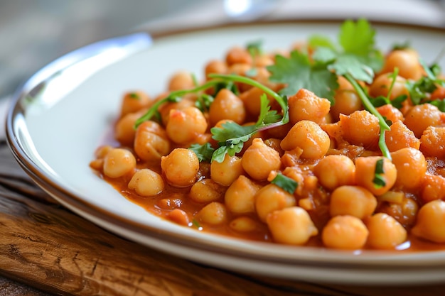 Ein Teller Chana Masala, ein vegetarisches Gericht, das mit Kichererbsen in einer würzigen Tomatensauce zubereitet wird