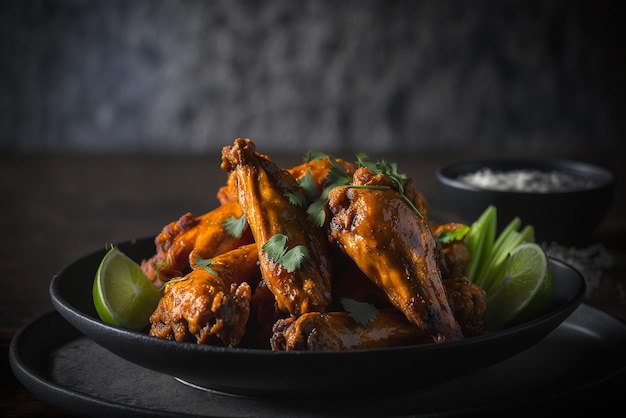 Ein Teller Chicken Wings mit Limettenspalten und Limettenspalten.