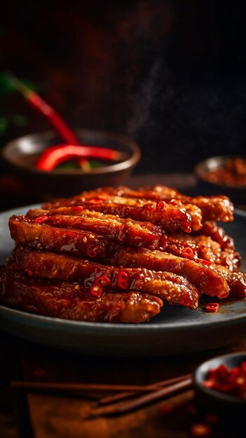 Ein Teller chinesisches Essen mit roter Soße darauf.