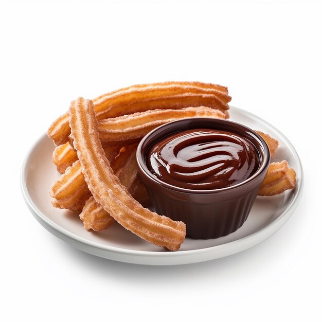 Ein Teller Churros mit einer Dip-Sauce darin.