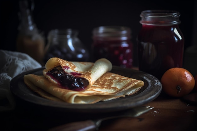 Ein Teller Crêpes mit Blaubeermarmelade darauf.