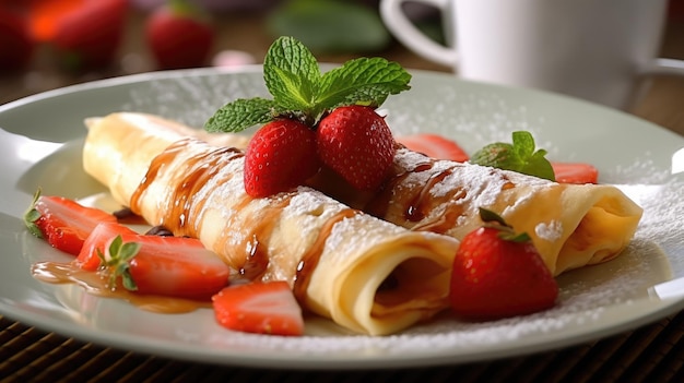 ein Teller Crêpes mit Erdbeeren und Minze