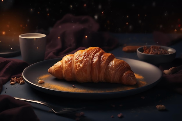 Ein Teller Croissants mit einer Tasse Kaffee und einer Schüssel Speck.