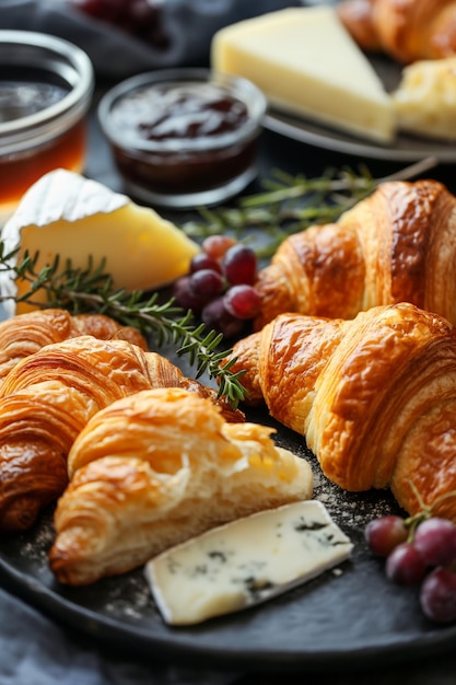 Foto ein teller croissants mit trauben und käse