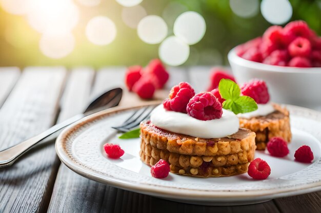 ein Teller Desserts mit Himbeeren und einem Löffel darauf