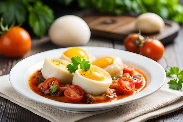 ein Teller Eier mit Tomaten und Eiern