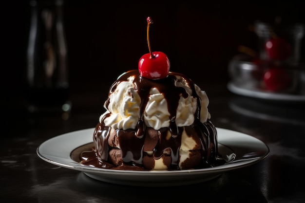 Ein Teller Eis mit Schokoladenüberzug und einer Kirsche obendrauf.