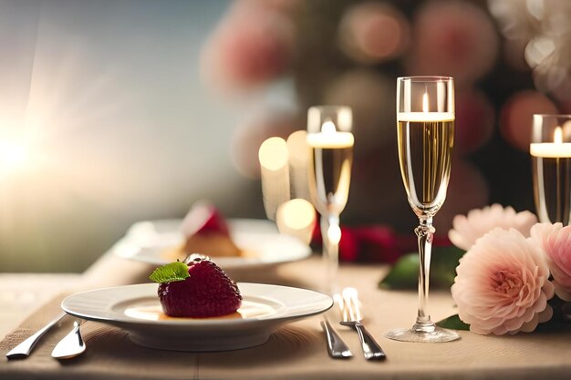 Ein Teller Erdbeerkuchen und Gläser Champagner auf einem Tisch.