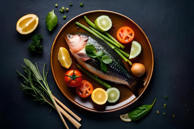 Ein Teller Fisch mit Gemüse und Zitronen auf schwarzem Hintergrund.