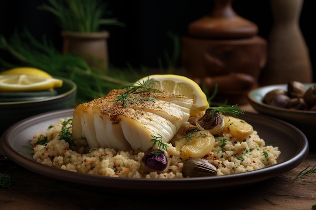 Ein Teller Fischfilet mit Zitrone und Knoblauch darauf