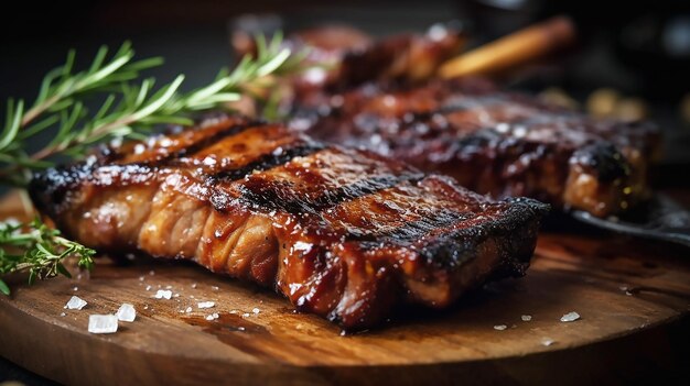 Ein Teller Fleisch mit einem Rosmarinzweig darauf